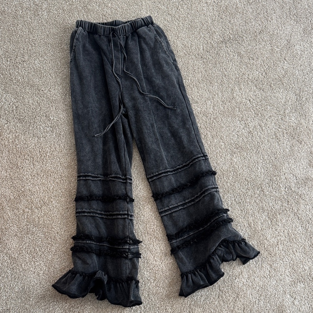 Women's Black Wide Leg Pants with Ruffle Hem free people inspired